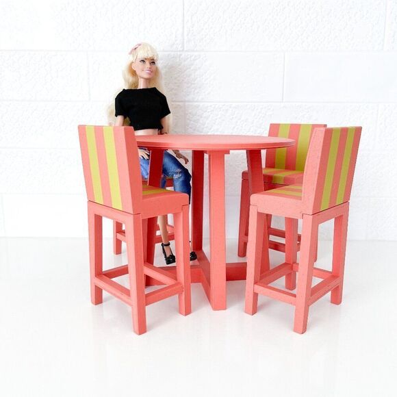 Miniature Barbie Bistro Table 4  MCM Striped Chairs Dollhouse Furniture - Picture 2 of 12